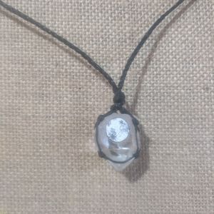 Habd painted moon and clear quartz crystal necklac